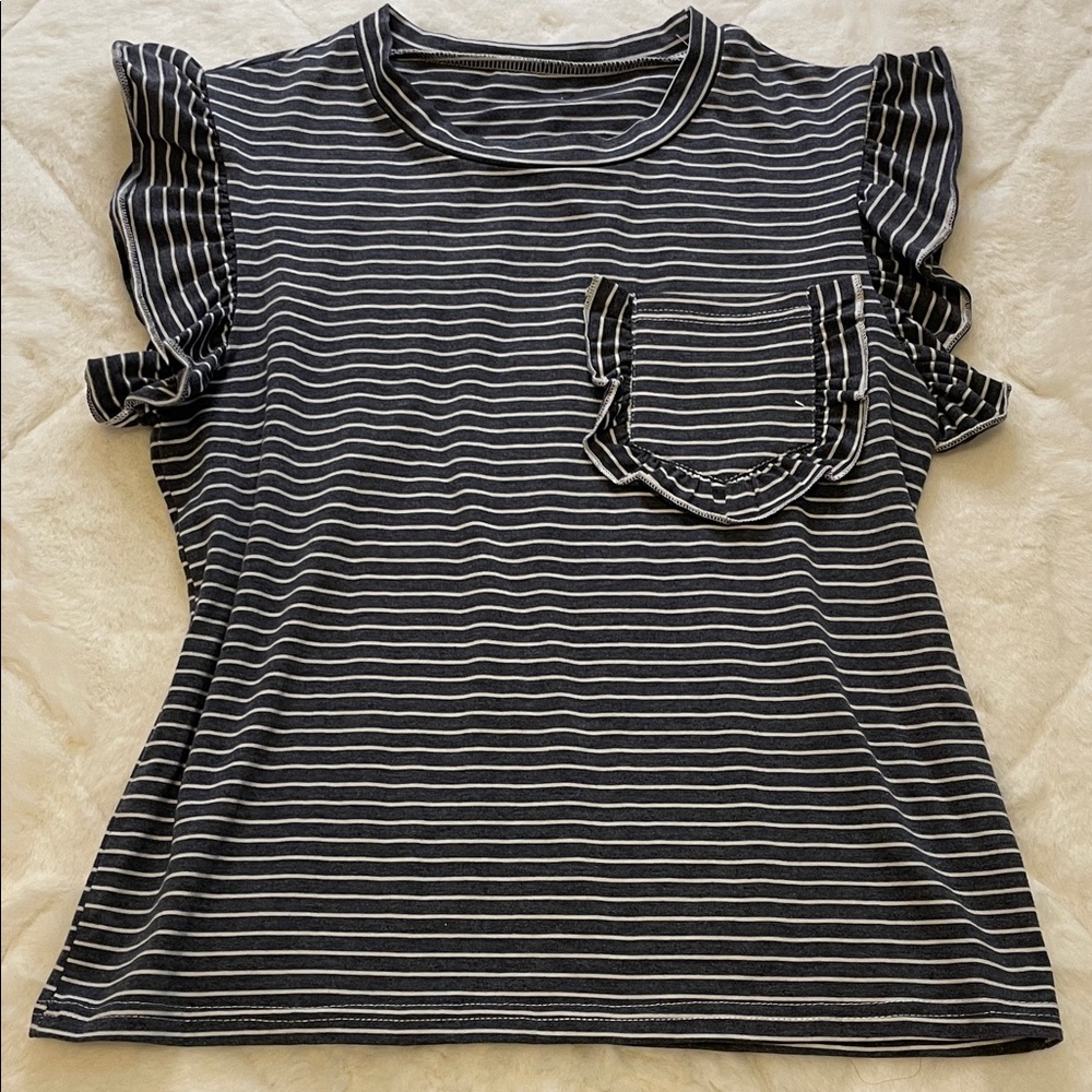 Striped Ruffle Sleeve Top -Navy and White